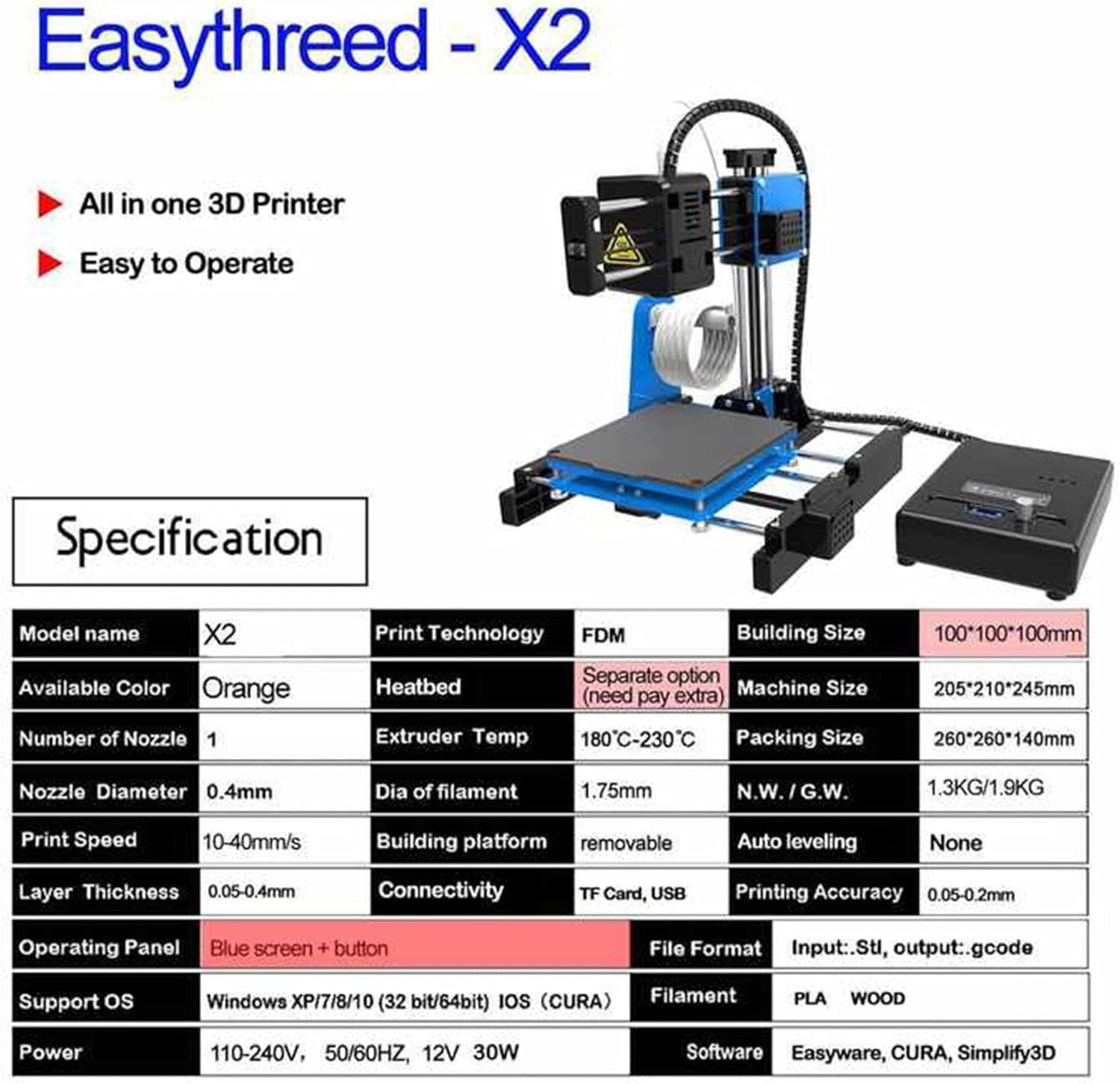 High Speed Mini 3D Printer 230°C Nozzle Precision 100x100x100mm