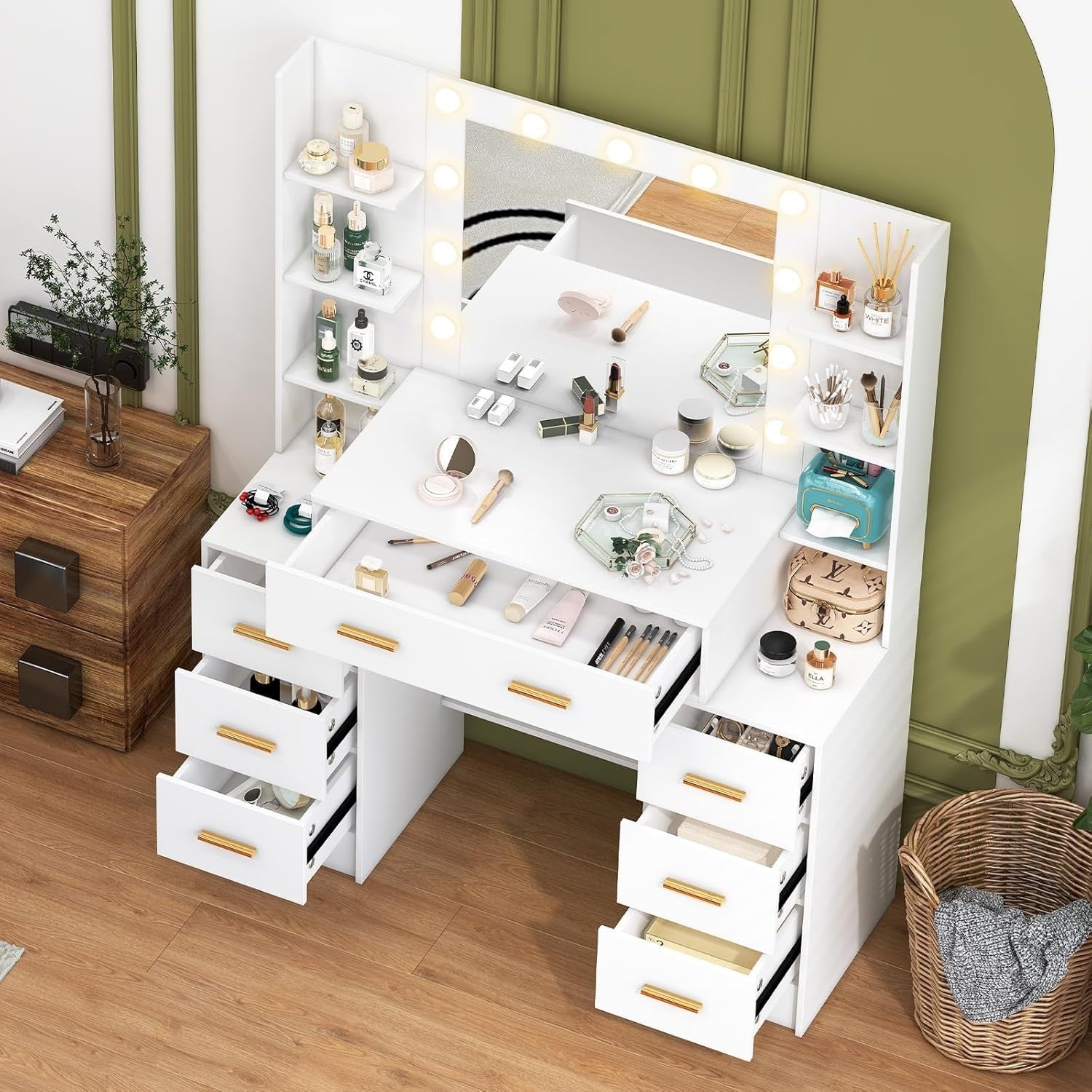 Modern Vanity Desk w/Lighted Hollywood Mirror 8-Drawer Makeup Table White