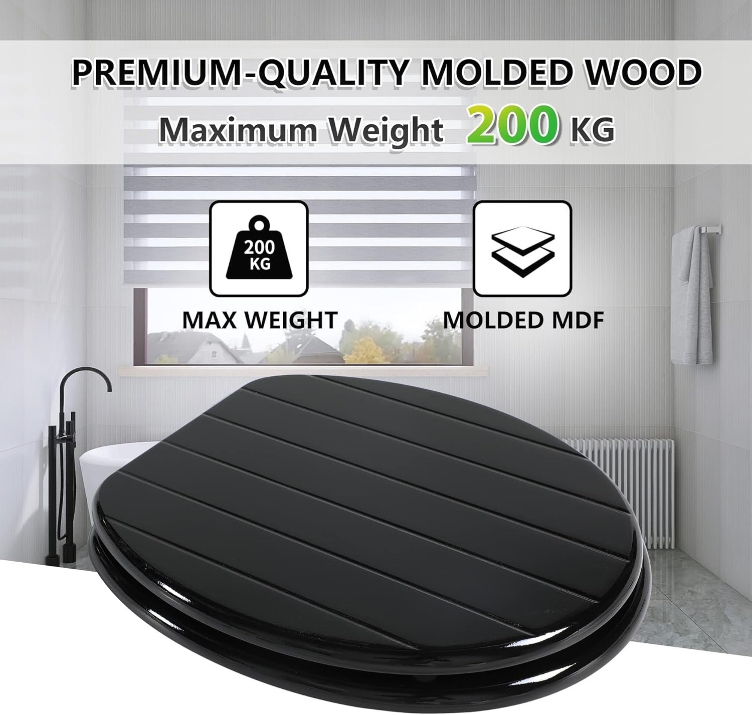 Black Wooden Toilet Seat Antibacterial Adjustable Hinges Oval Bathroom