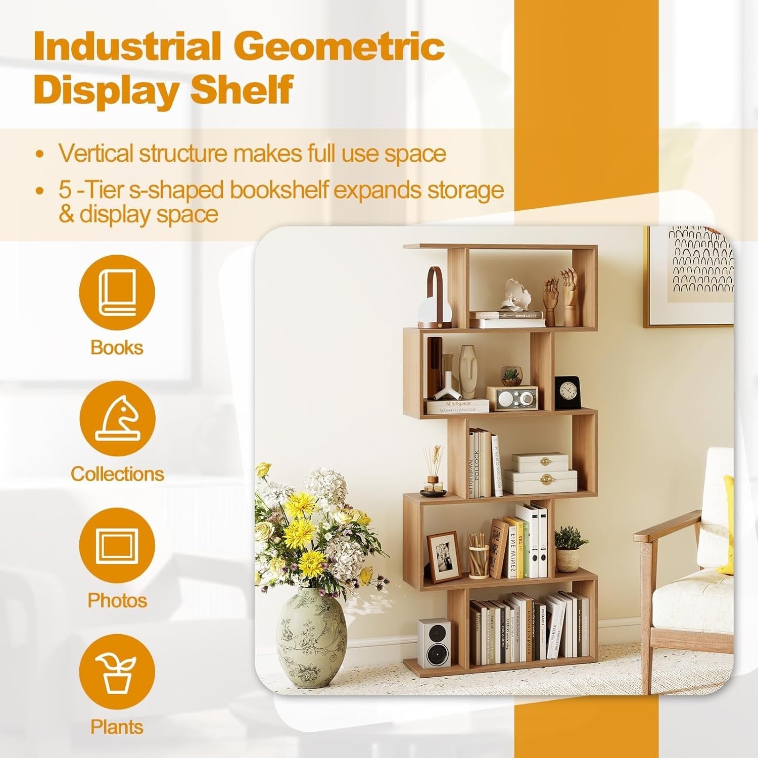 S Shaped 5 Tier Wooden Bookcase Freestanding Display Storage Shelf Natural