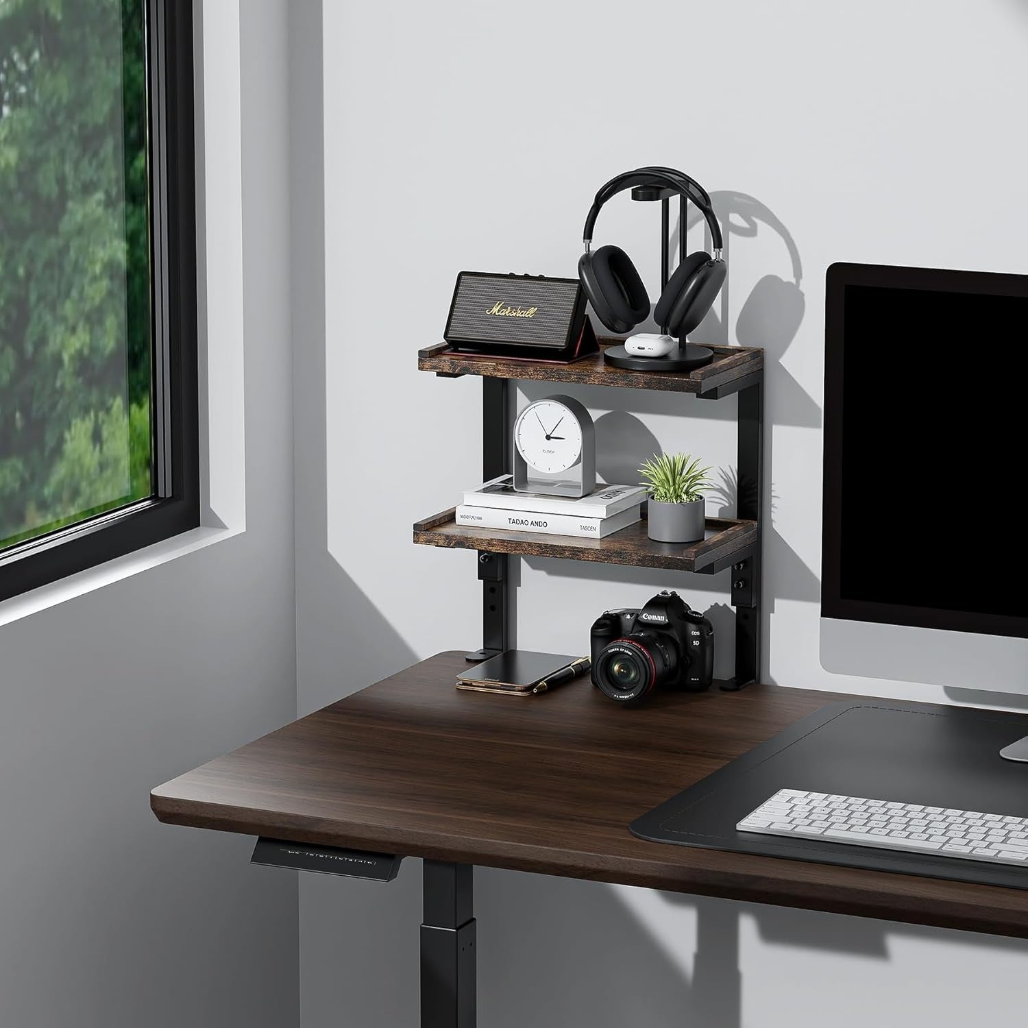 Clamp-On Desk Shelf 2-Tier Adjustable Wood Desktop Organizer Storage Rack