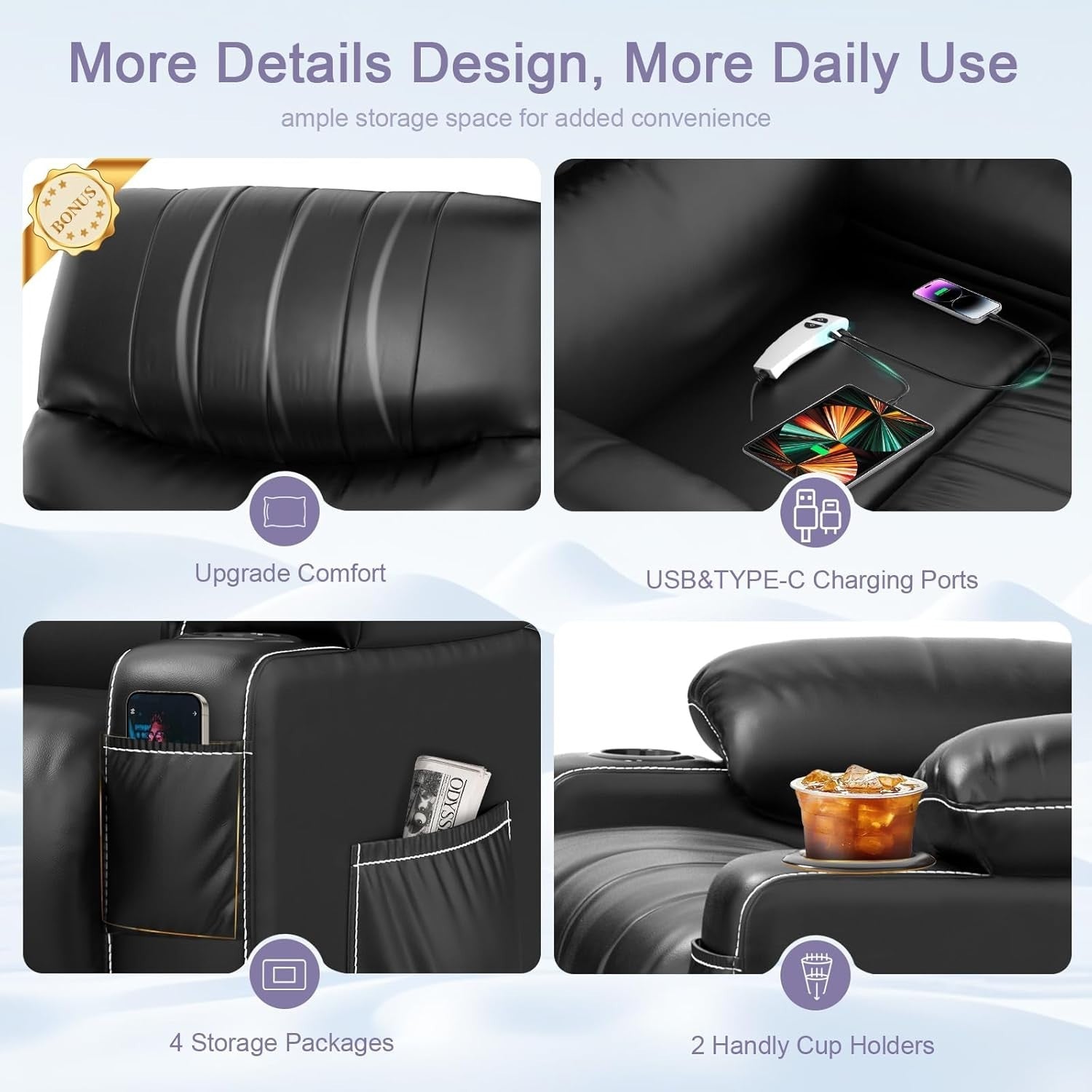 Electric Lift Recliner Chair Massage Heat USB Type-C Oversized Black Armchair