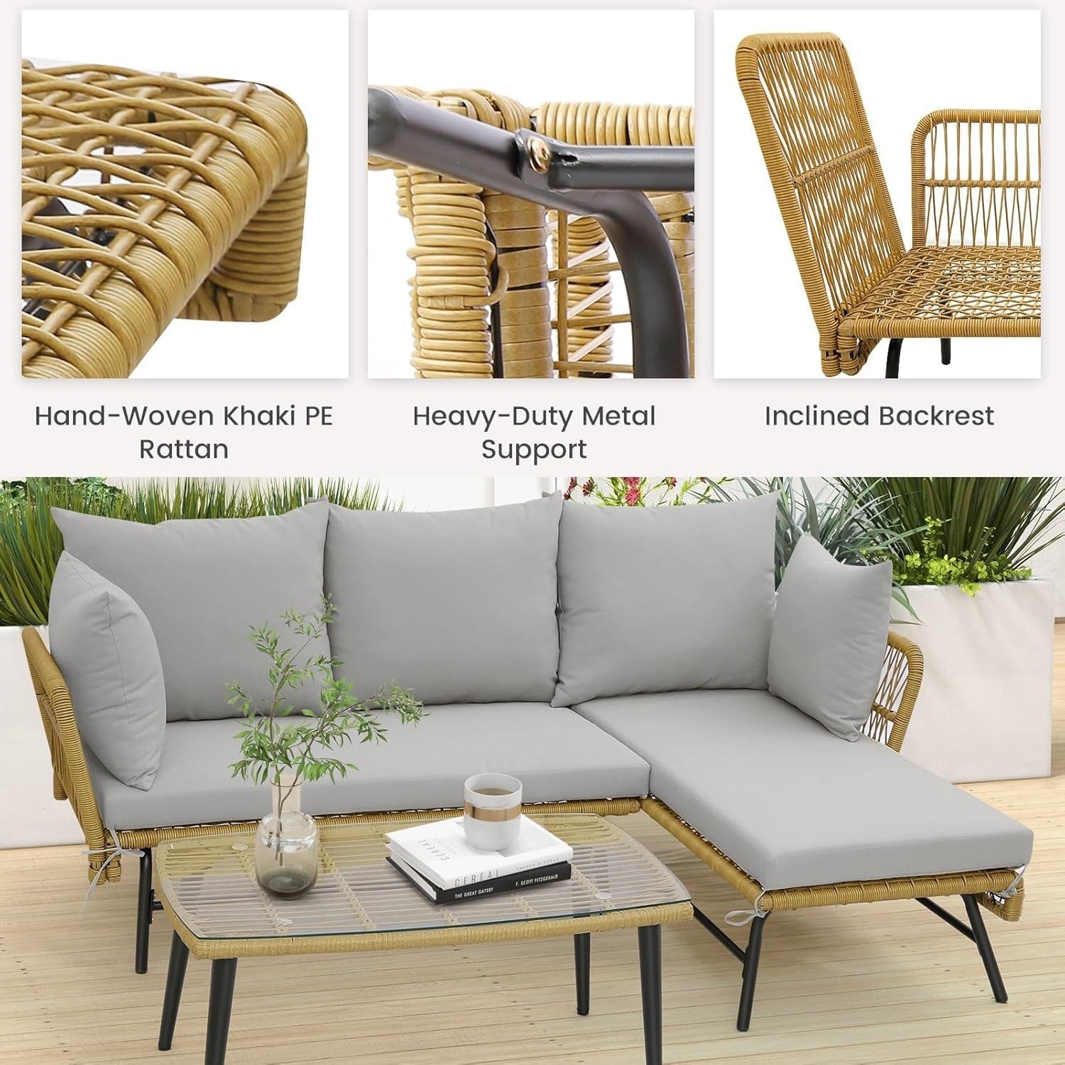 3PC L-Shaped Rattan Garden Corner Sofa Set Patio Lounge Glass Table Grey