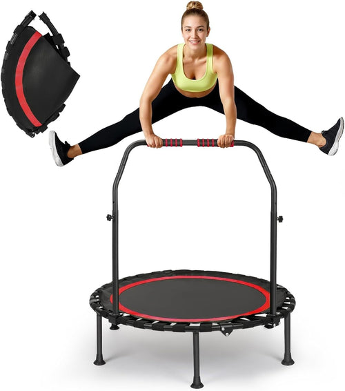 Foldable Fitness Trampoline Indoor w Adjustable Grab Bar Quiet 150kg