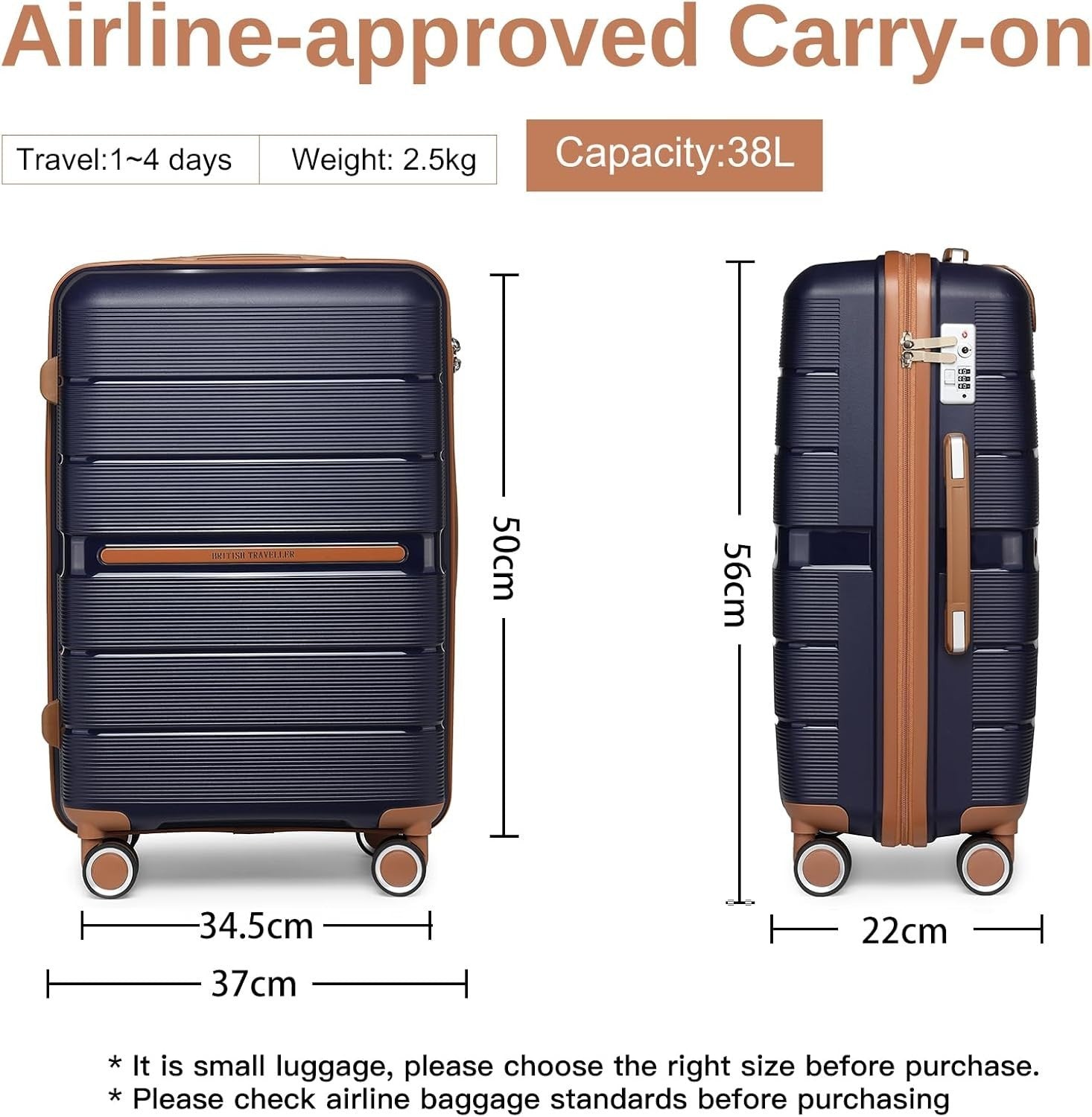 20'' Carry On Cabin Luggage PP Hard Shell TSA Lock 4 Spinner Wheels