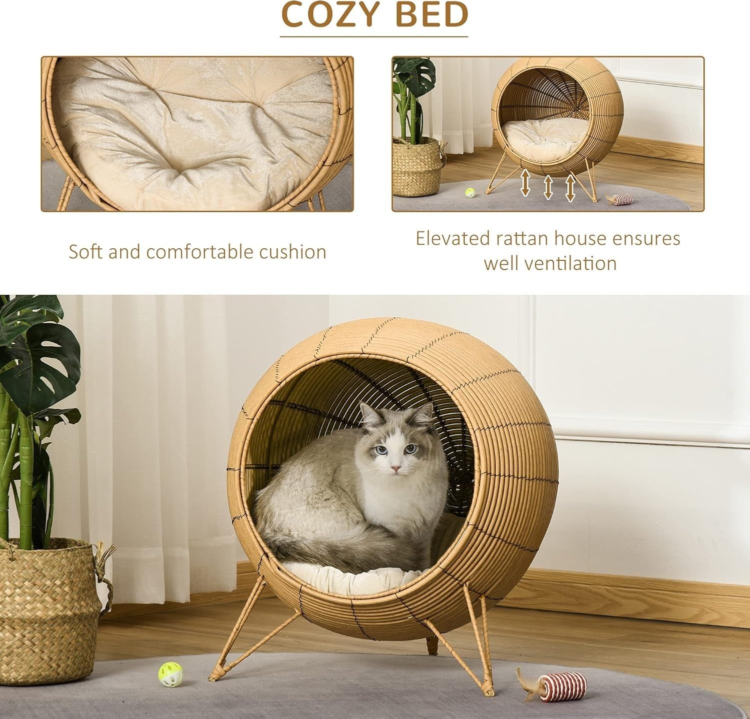 Elevated Wicker Cat Bed Rattan Pet Cave House w Cushion 52cm