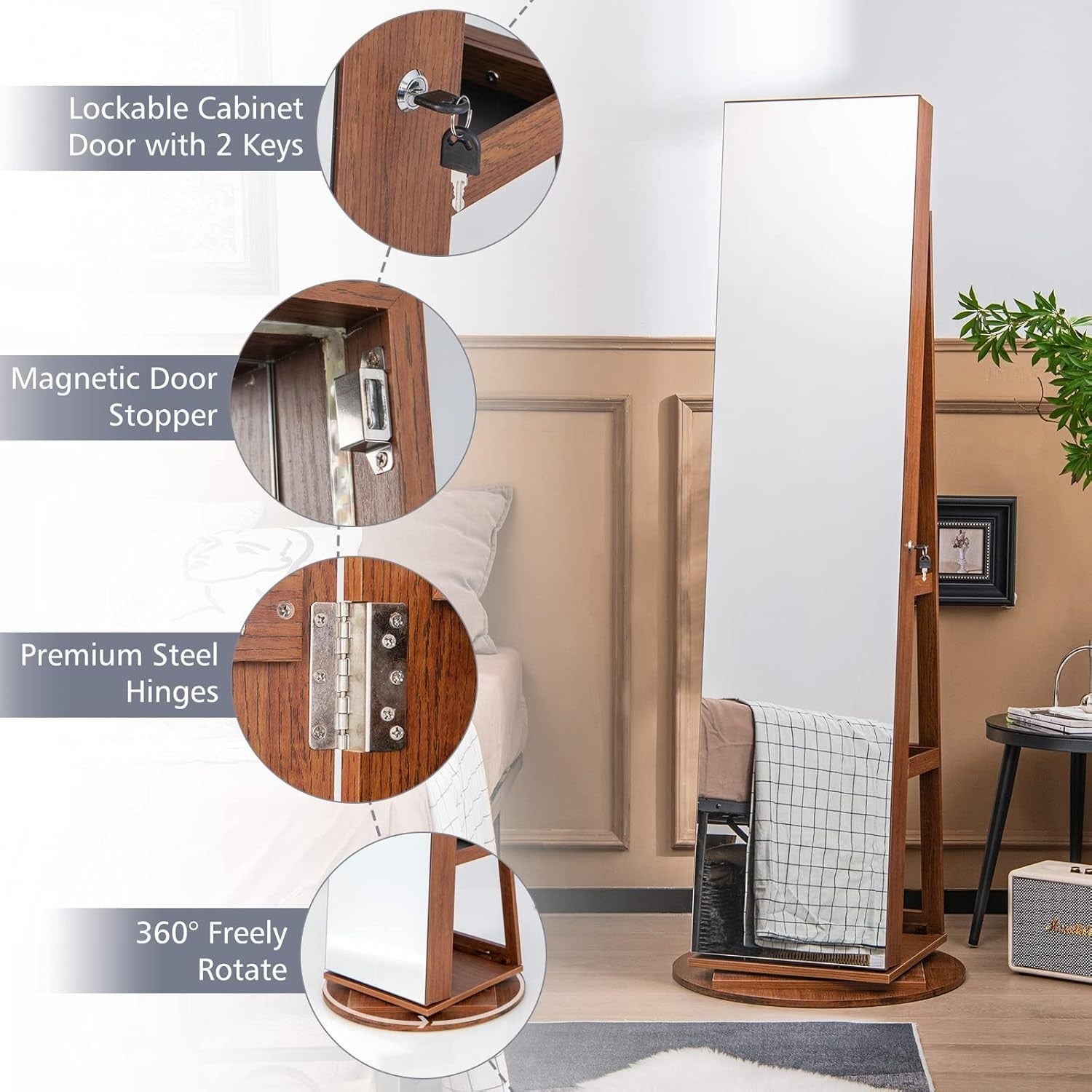 Brown 360° Swivel Jewelry Armoire LED Light Mirror Lockable Cabinet