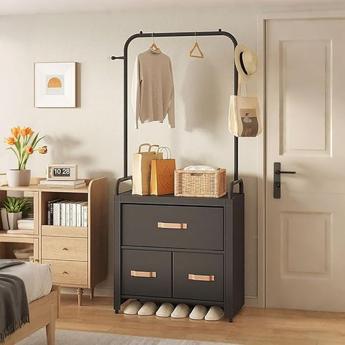Black Floor Standing Coat Rack with Drawers & Hooks – Modern Bedroom Wardrobe