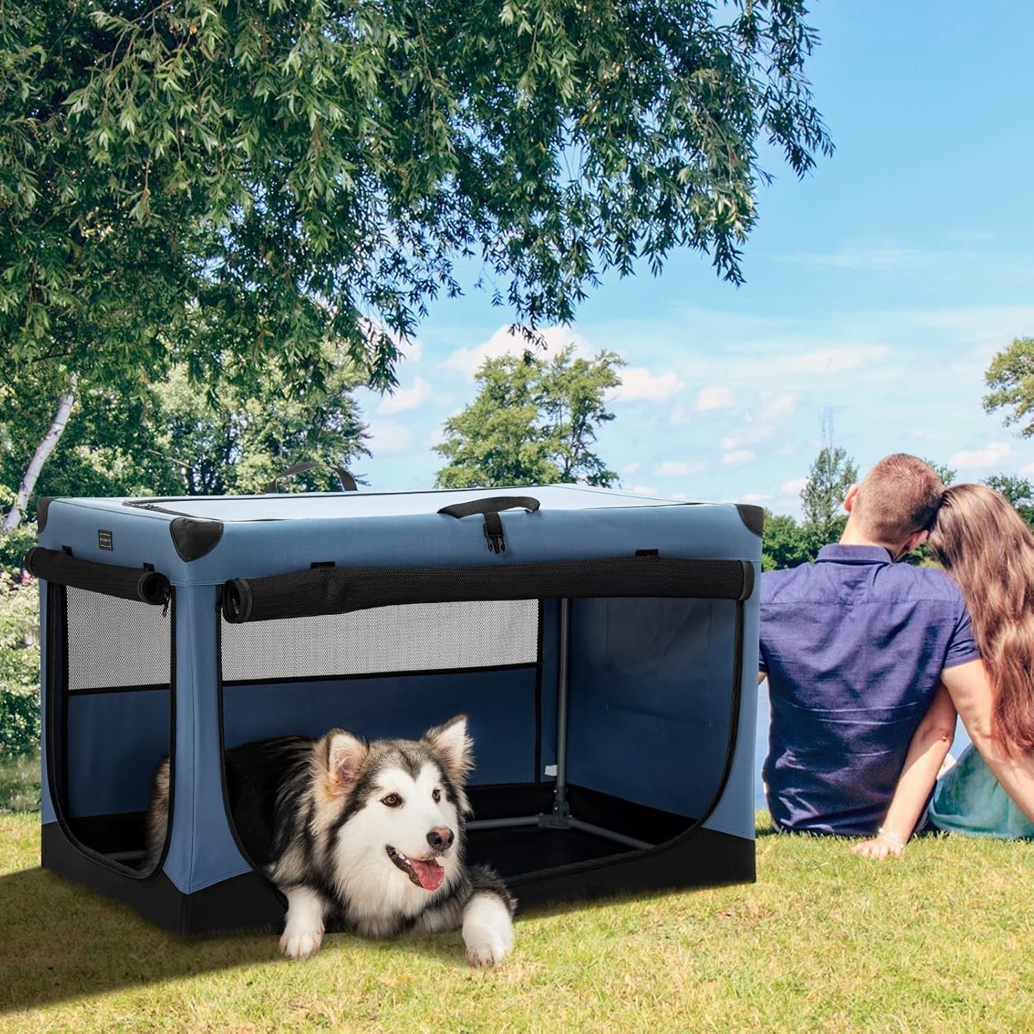 Foldable Large Soft Dog Crate Travel Pet Carrier Kennel 3-Door Fabric Cage 100cm