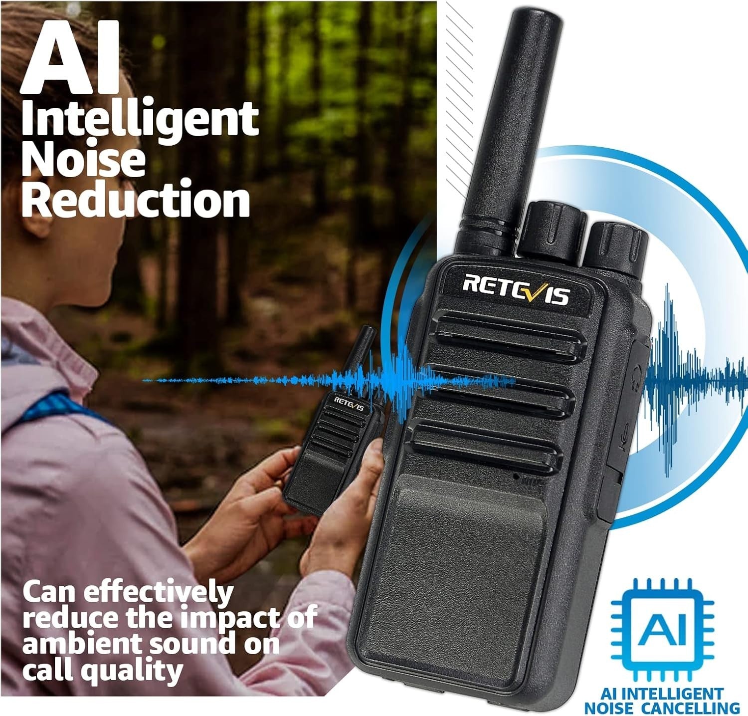 PMR446 Walkie Talkies AI Noise Reduction USB-C VOX Rechargeable 2 Pack