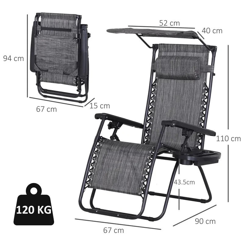 Zero Gravity Recliner Folding Garden Chair w/ Shade Cup Holder Grey