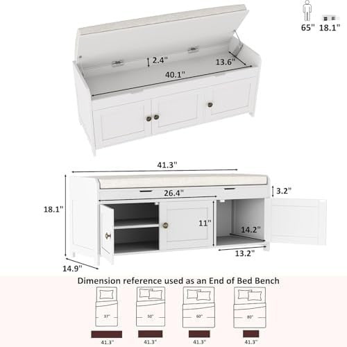 White Shoe Storage Bench with Cushion Seat 3-Door Cabinet & Hidden Compartment