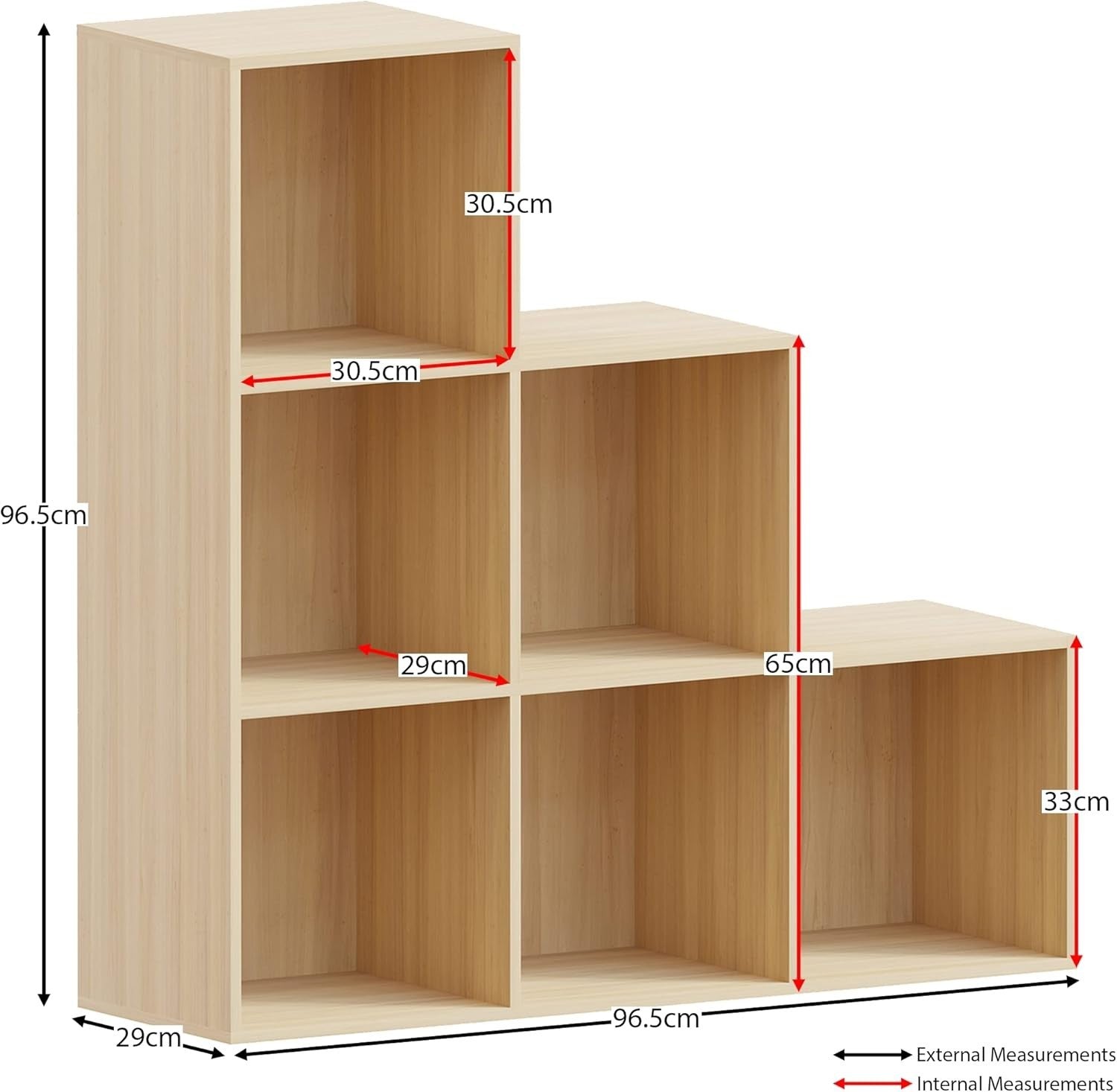 Oak 6 Cube Staircase Storage Shelf with 3 White Baskets – Modern Bookcase Unit