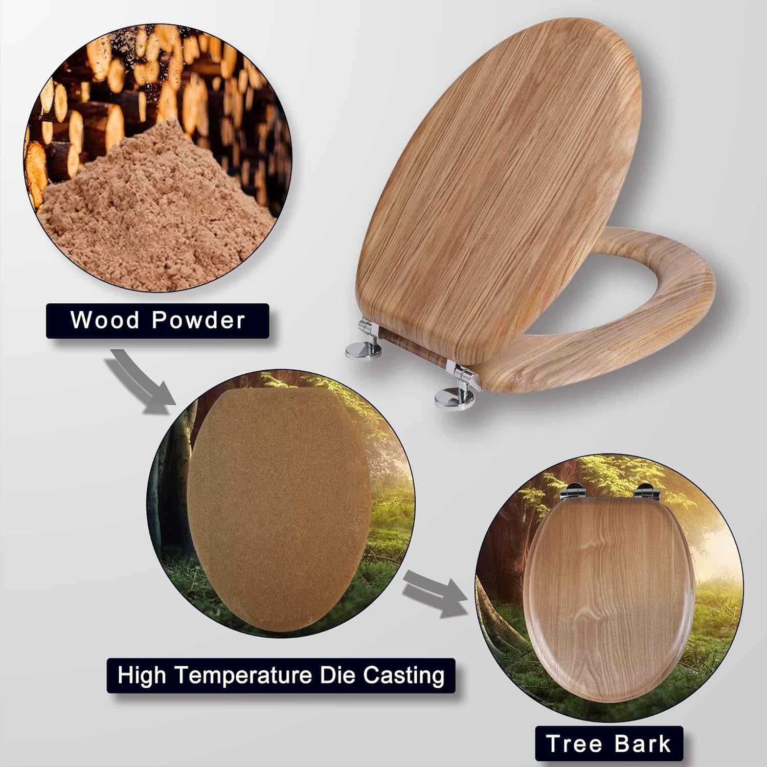 Angel Shield Wooden Toilet Seat Antibacterial Adjustable Hinges Oval Solid Oak