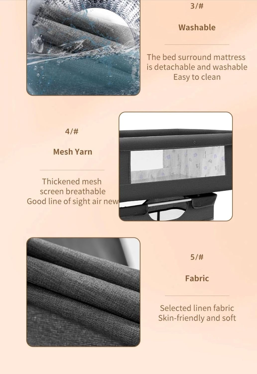 3in1 Baby Crib Bassinet Adjustable Height Travel Cot with Mosquito Net