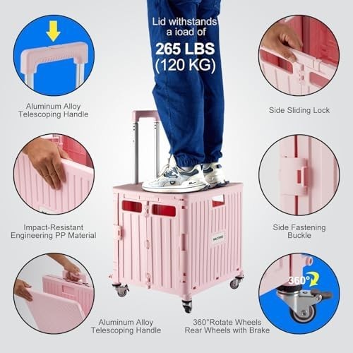 Folding Utility Cart Rolling Crate Trolley Lid Basket 360° Wheels Pink
