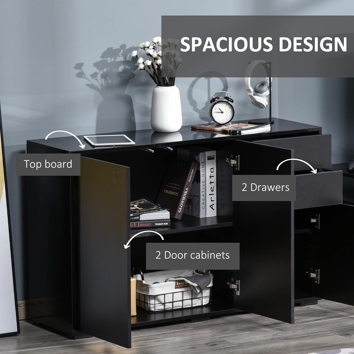 High Gloss Sideboard Cabinet with 2 Drawers & Push-Open Doors - Living Room