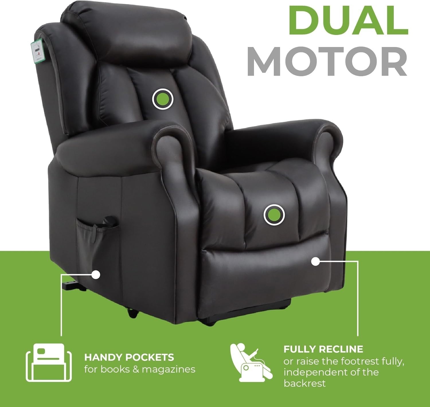 Dual Motor Lift Recliner Chair Heat Massage Leather Riser Mobility Support Brown