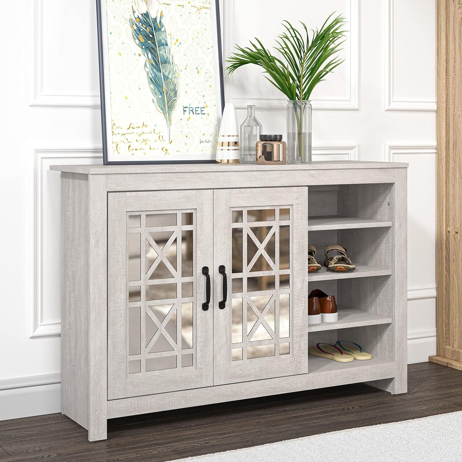 Modern 16 Pair Shoe Cabinet Dusty Grey Oak | 2 Door Storage with Shelves