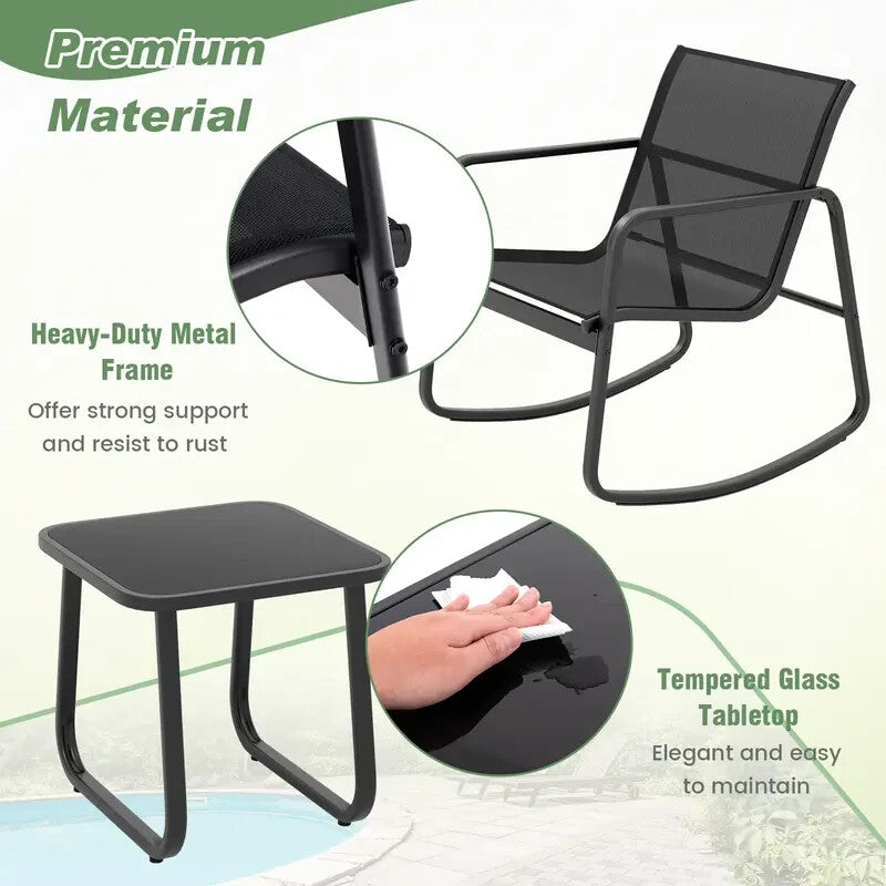3PC Metal Patio Rocking Chair & Table Set Outdoor Garden Balcony Bistro