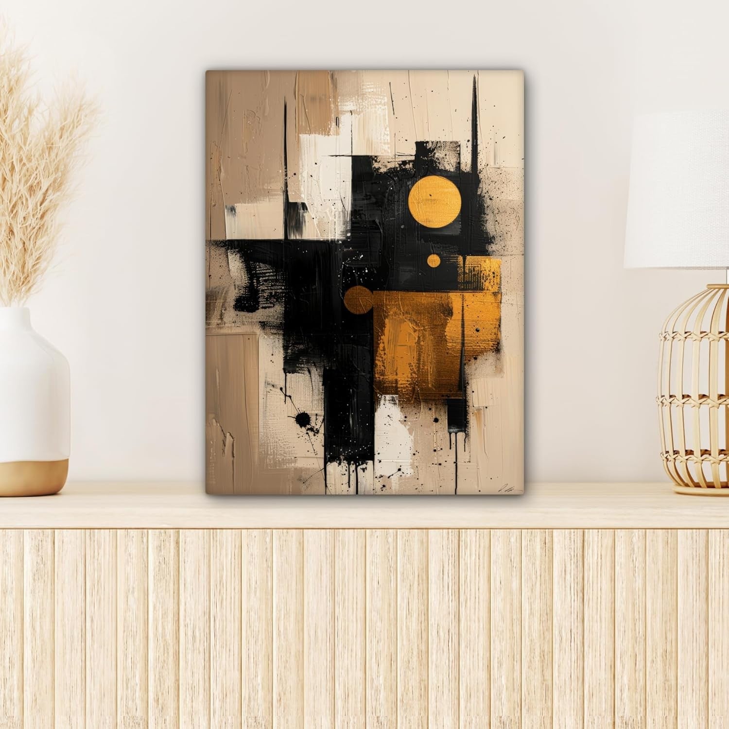 Abstract Gold Canvas Wall Art 30x40cm Beige Black Framed Print