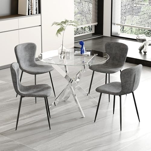 Round Glass Dining Table Set with 4 Grey Velvet Chairs Modern Chrome Legs 100cm