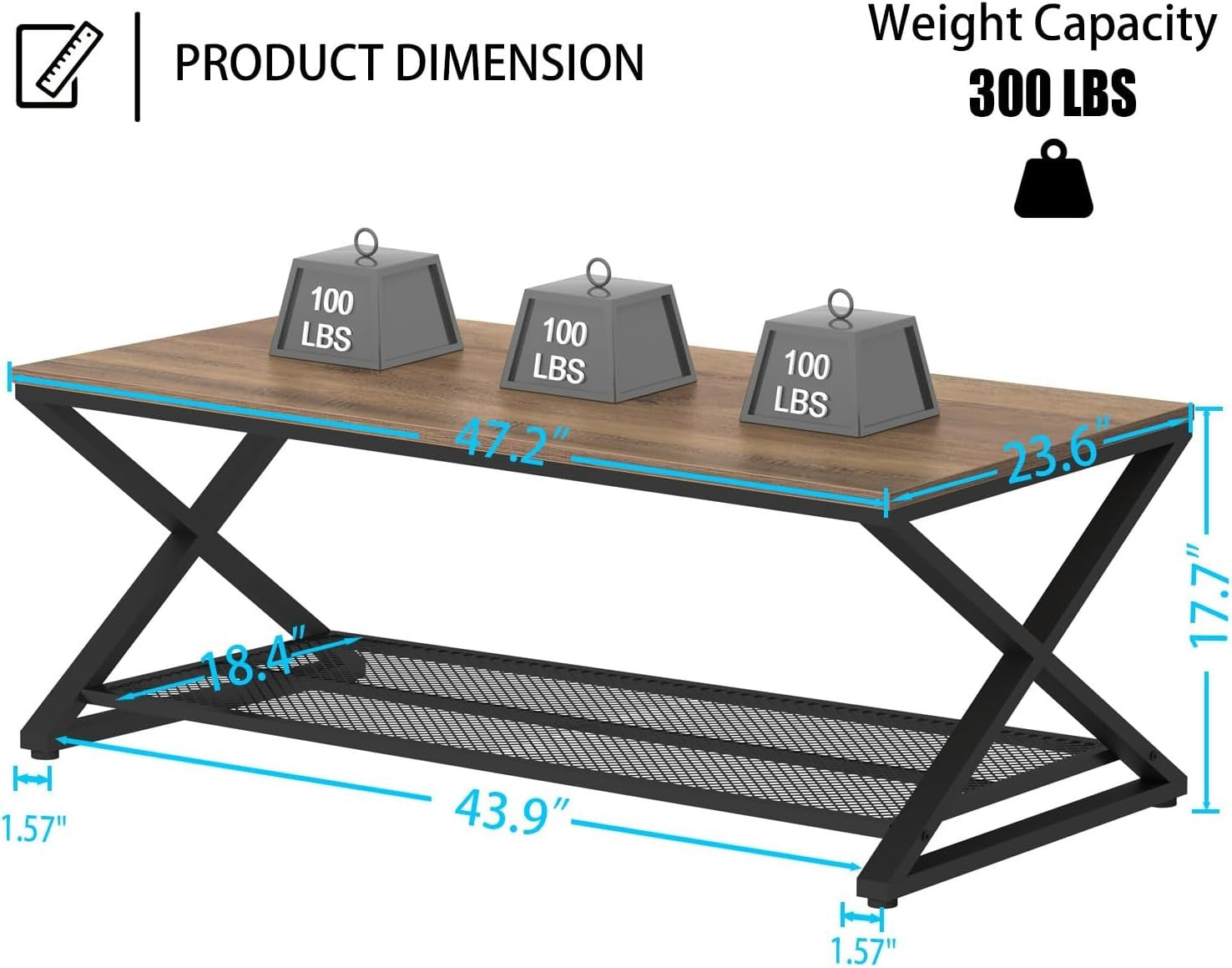 Rustic Oak Coffee Table with Storage Shelf | Industrial 2-Tier Rectangular Table