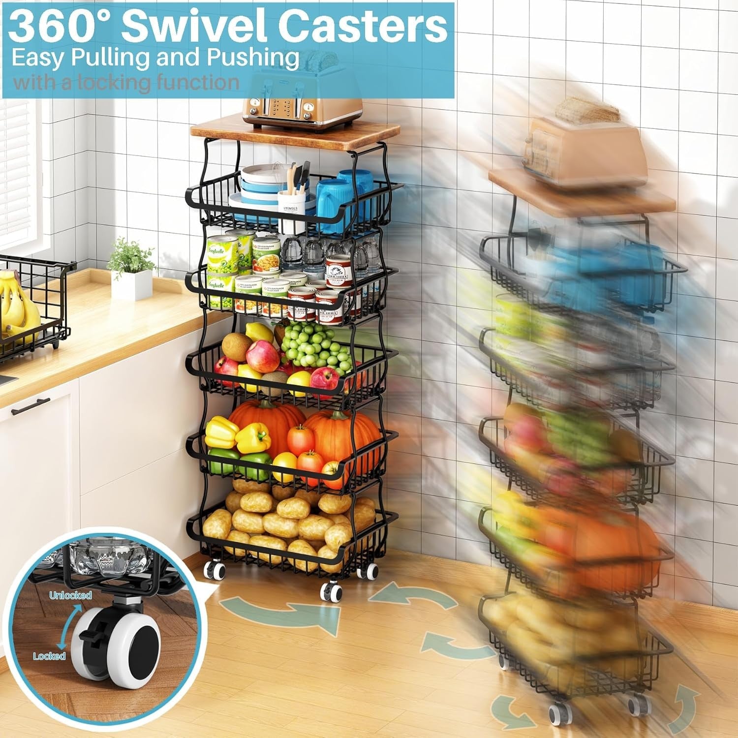 6 Tier Pantry Organiser Storage Cart Rolling Metal Fruit Basket Trolley