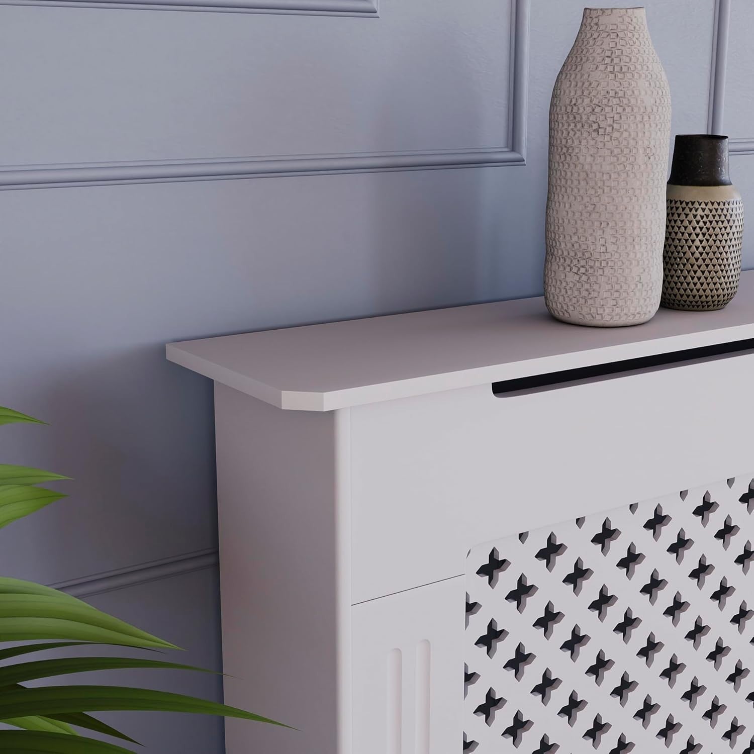 Large White Radiator Cover | Traditional Cross Pattern MDF Cabinet