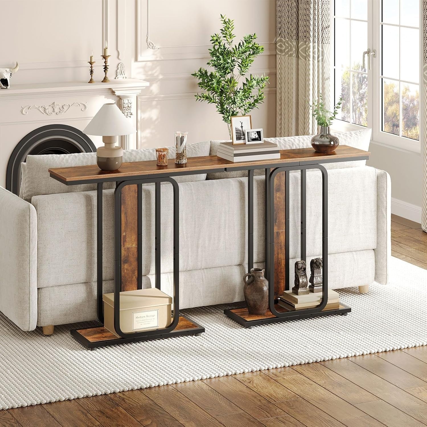 Slim Console Table Narrow 2-Tier Rustic Hallway Shelf for Entryway, Foyer