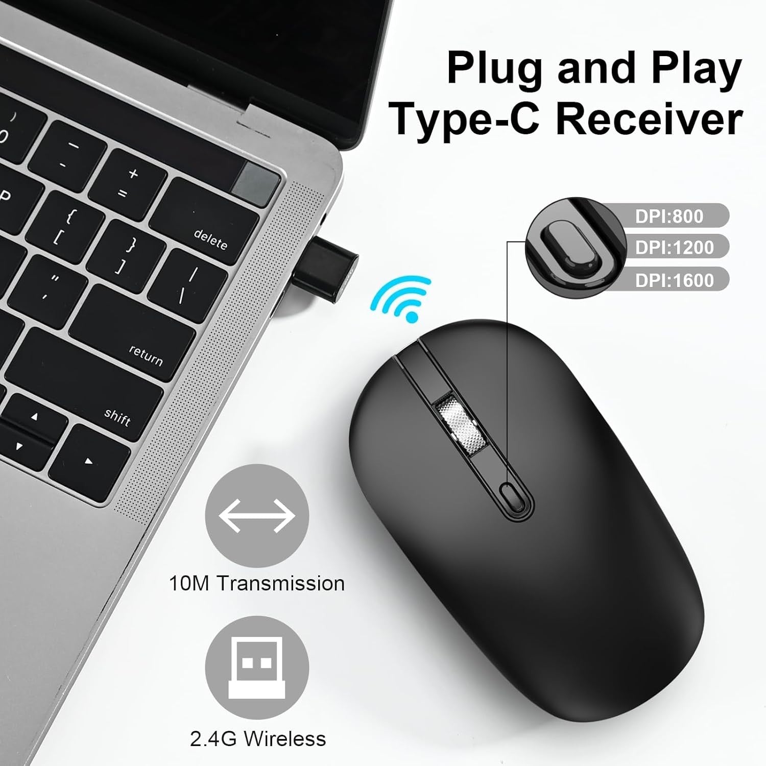 Slim Silent Wireless Mouse USB-C Cordless for Laptop MacBook