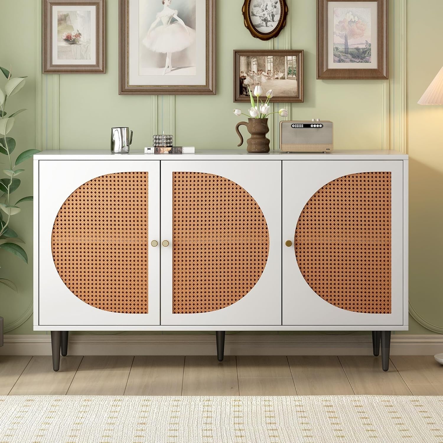 White Rattan Sideboard Cabinet Storage Unit with 3 Doors & Metal Legs