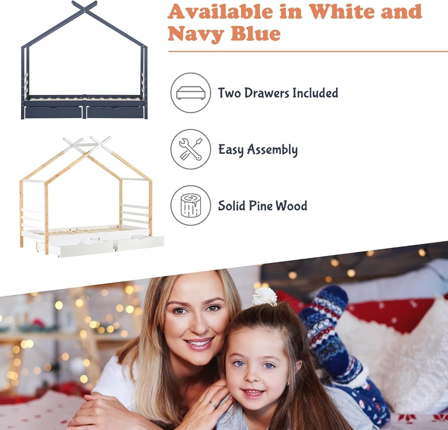 Kids 3FT Single Storage Bed with Safety Rails & Pine Wood House Frame