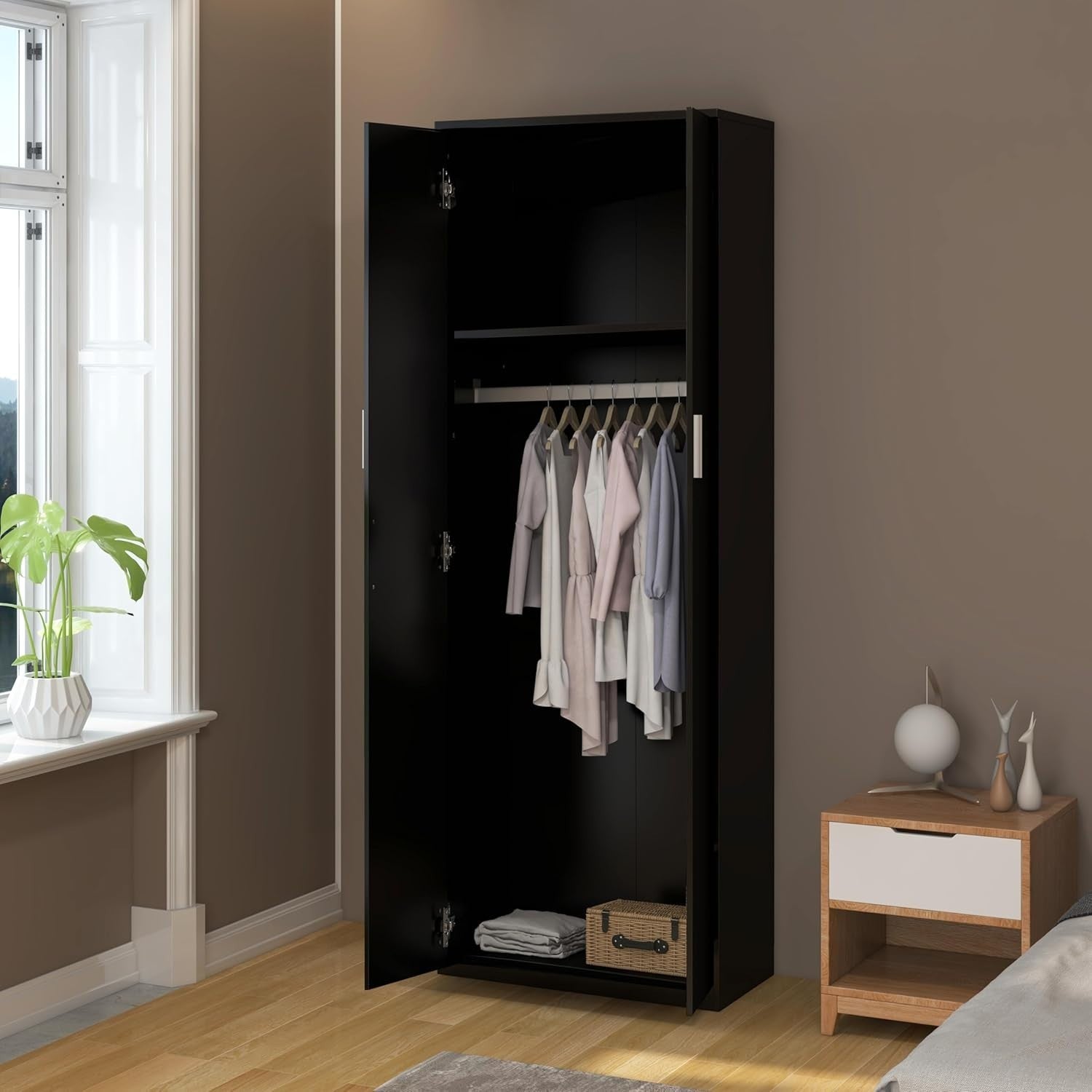 Black Mirrored Wardrobe 2 Door Storage Cabinet with Rail 170cm Tall