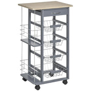 Grey Kitchen Cart with 4 Metal Baskets Drawer & Side Racks on Wheels