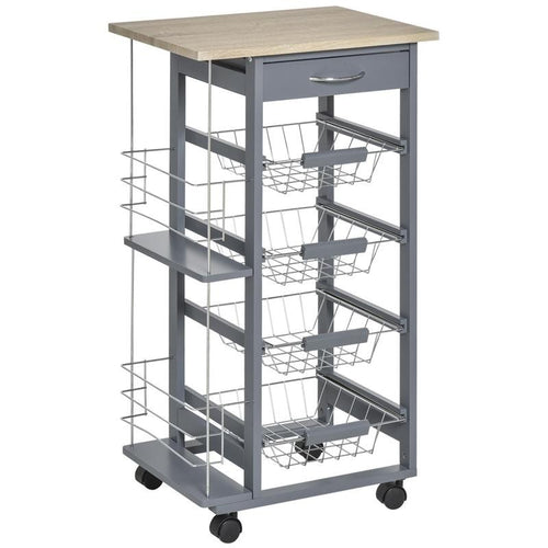 Grey Kitchen Cart with 4 Metal Baskets Drawer & Side Racks on Wheels