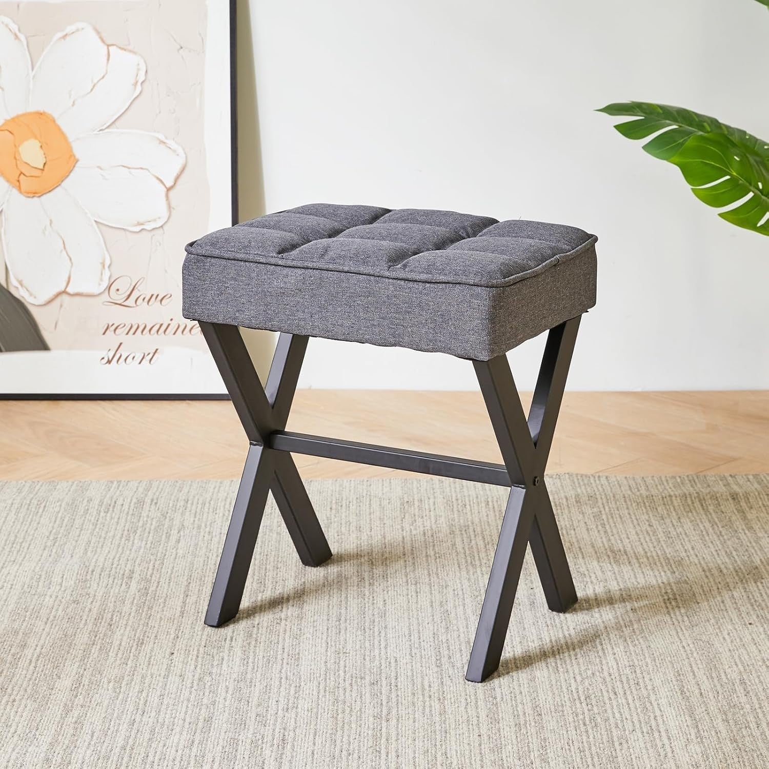 Dark Grey Linen Makeup Stool with X-Leg Base – Square Vanity Footrest