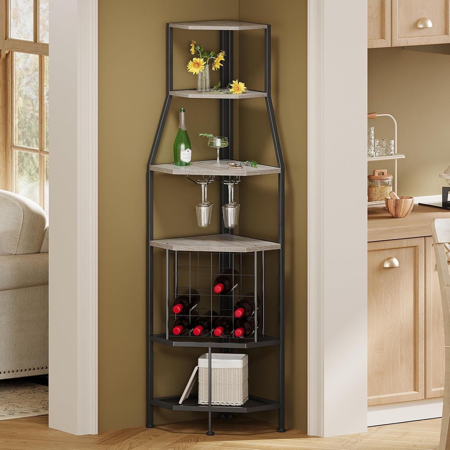 5-Tier Corner Wine Rack with Glass Holder Grey Bottle Storage Home Bar Shelf