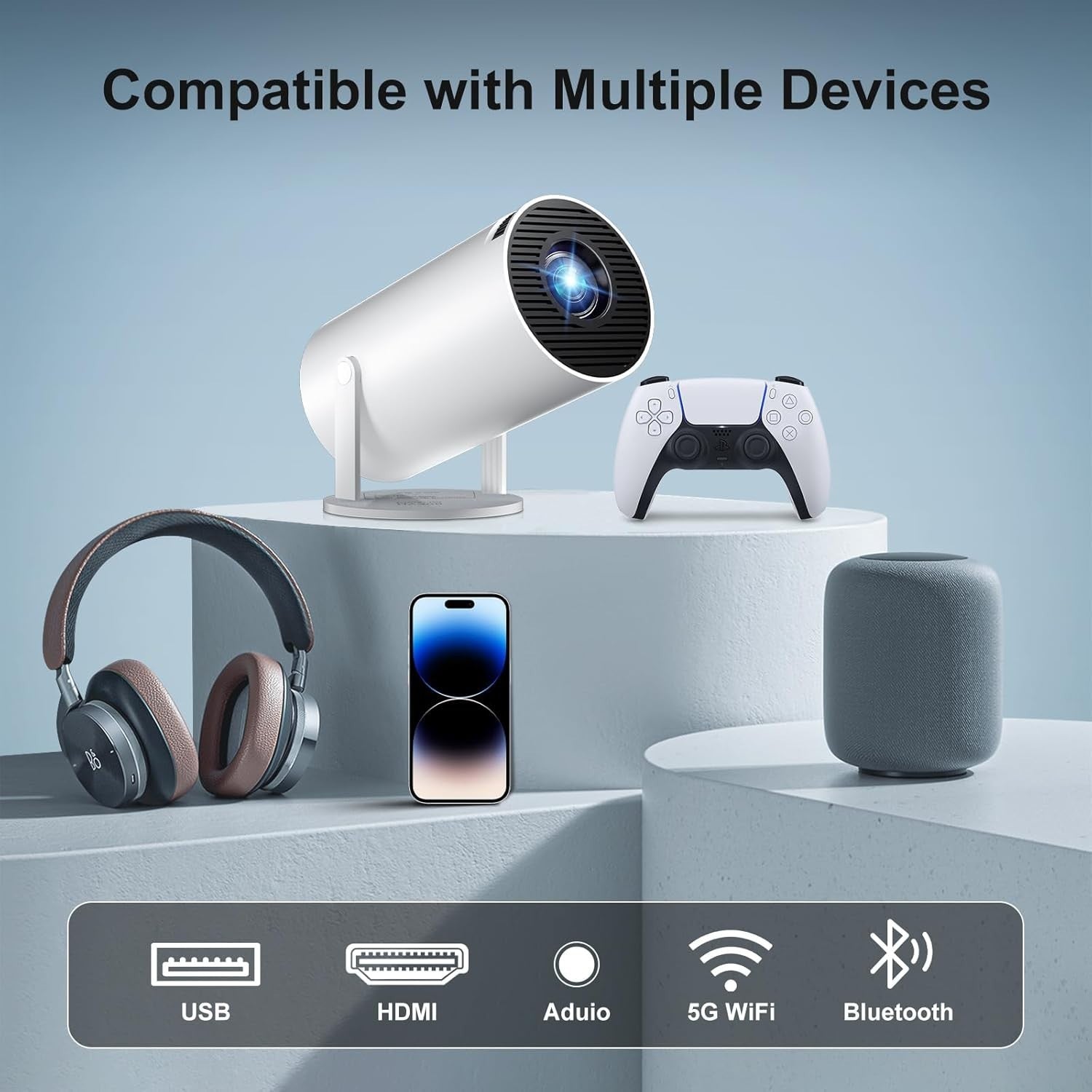 Smart Mini Projector WiFi 6 Bluetooth 4K Support Auto Keystone 300"