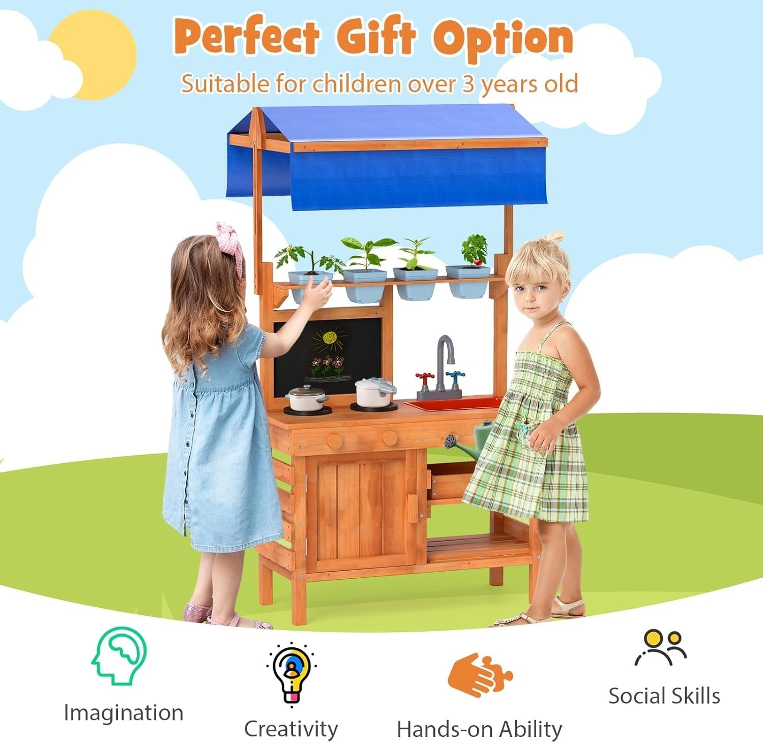Kids Mud Kitchen Outdoor Wooden Potting Bench Sink Canopy Toy Set