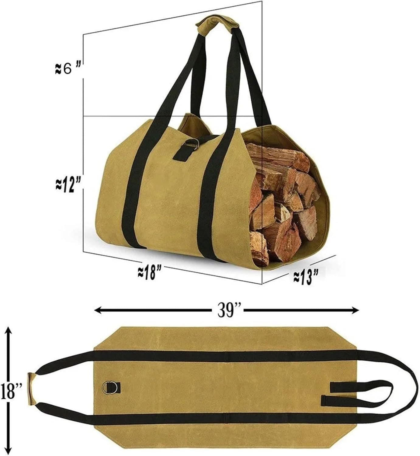 Heavy-Duty Canvas Firewood Carrier Bag with Handles & Strap - Brown,600D