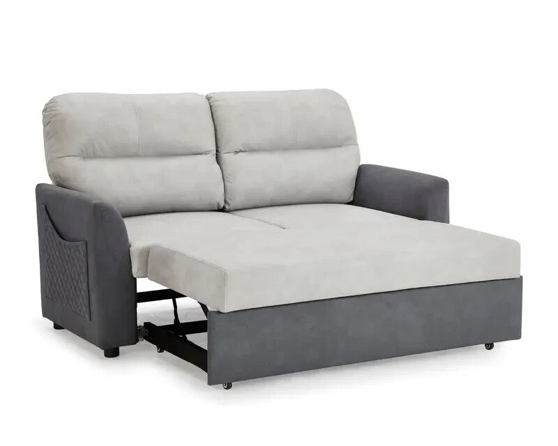 2 Seater Grey Sofa Bed Clic Clac Pull Out with Storage Pockets Fabric Seat