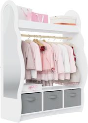 Kids Wardrobe with Mirror, Hanging Rail & 3 Drawers, White Cloud Design