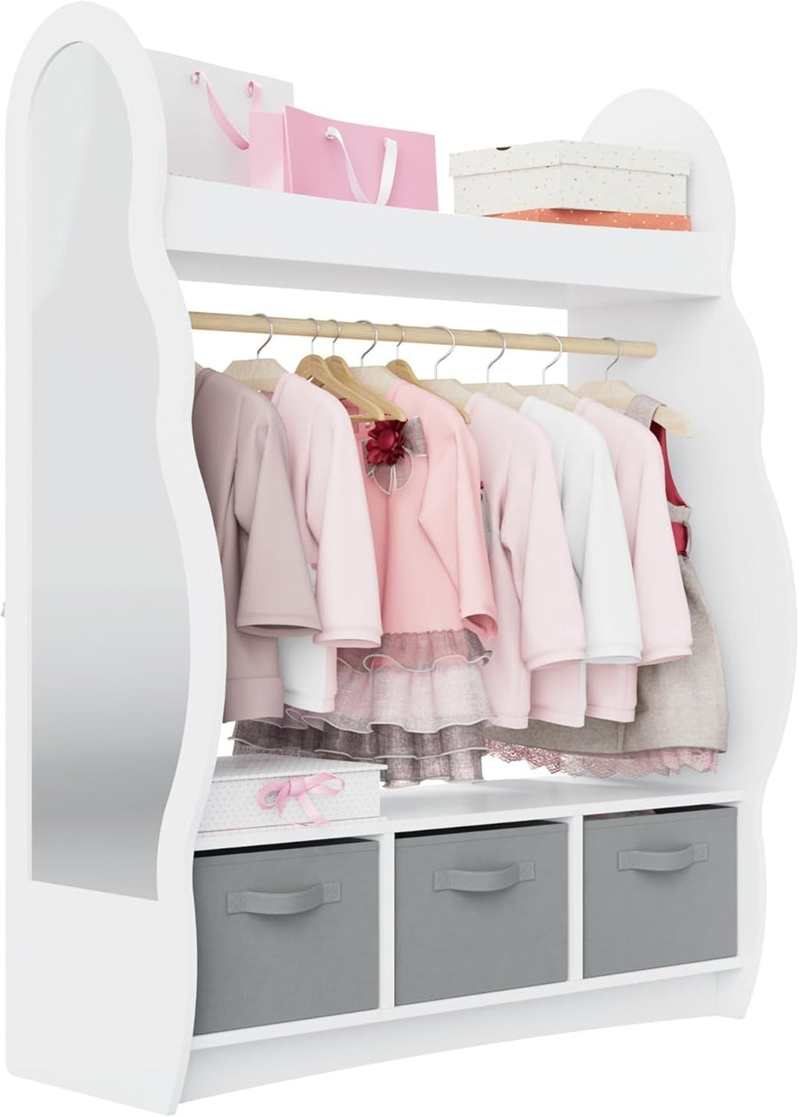 Kids Wardrobe with Mirror, Hanging Rail & 3 Drawers, White Cloud Design