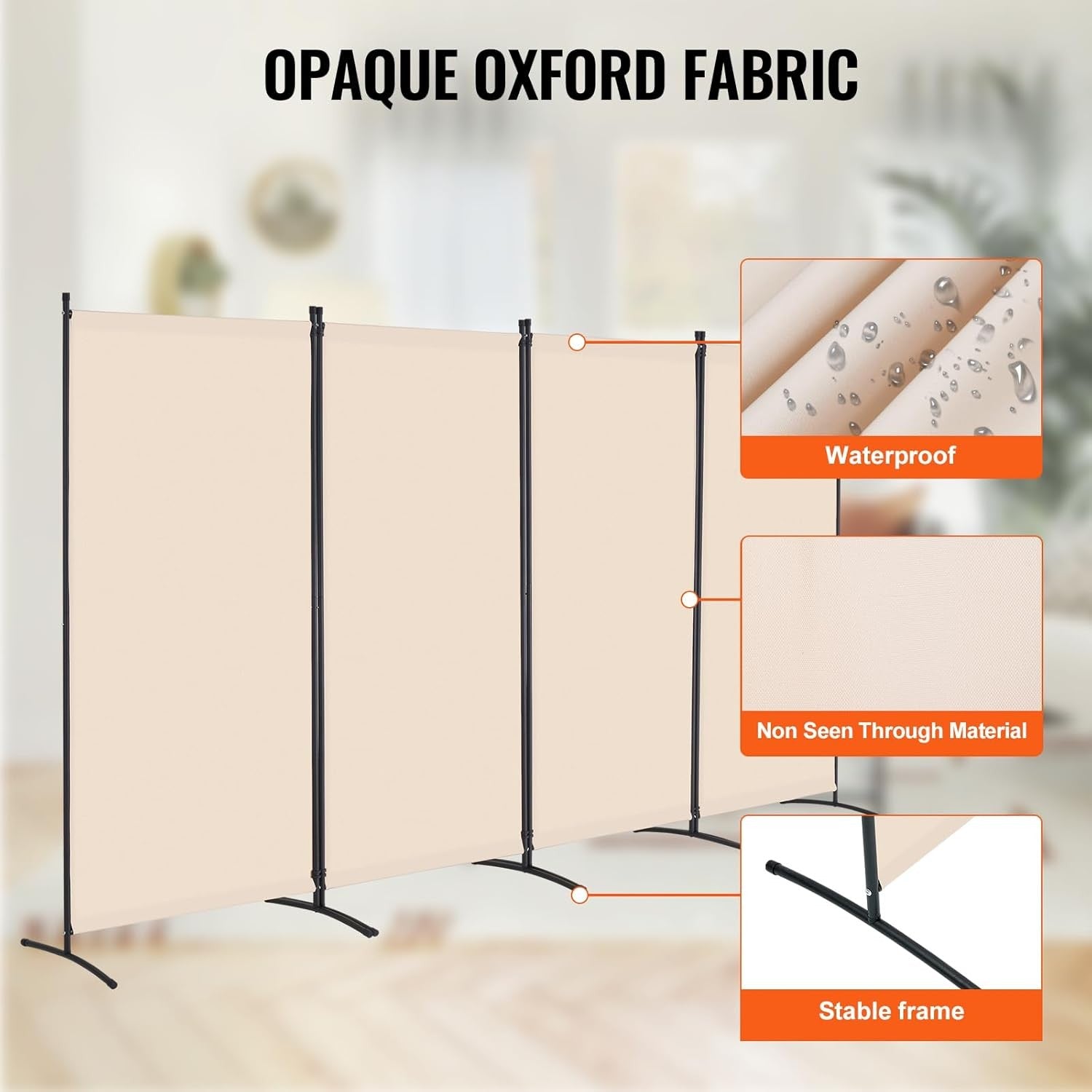 4 Panel Beige Folding Room Divider Privacy Screen Partition 364x184cm