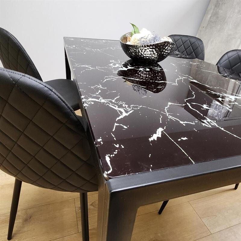Black Marble Dining Table Set with 4 Leather Chairs Glass Top Kitchen