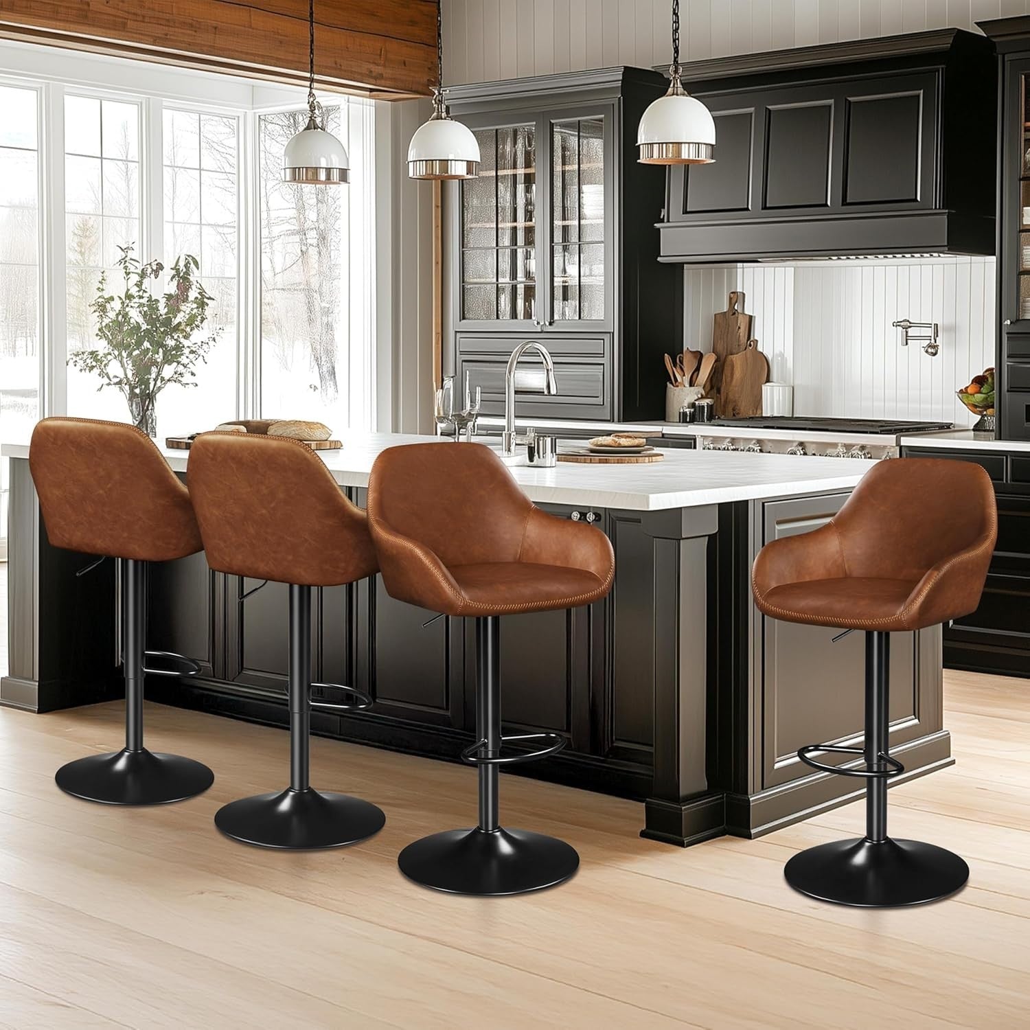 Height Adjustable Swivel Bar Stools Set of 2 PU Leather Vintage Brown