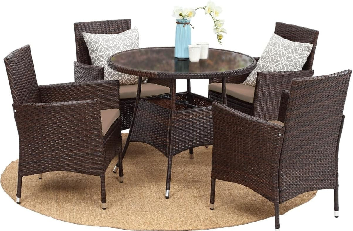 5PC Rattan Garden Dining Set 4 Armchairs Round Table Glass Top Brown