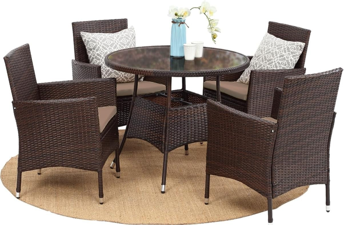 5PC Rattan Garden Dining Set 4 Armchairs Round Table Glass Top Brown