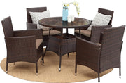 5PC Rattan Garden Dining Set 4 Armchairs Round Table Glass Top Brown